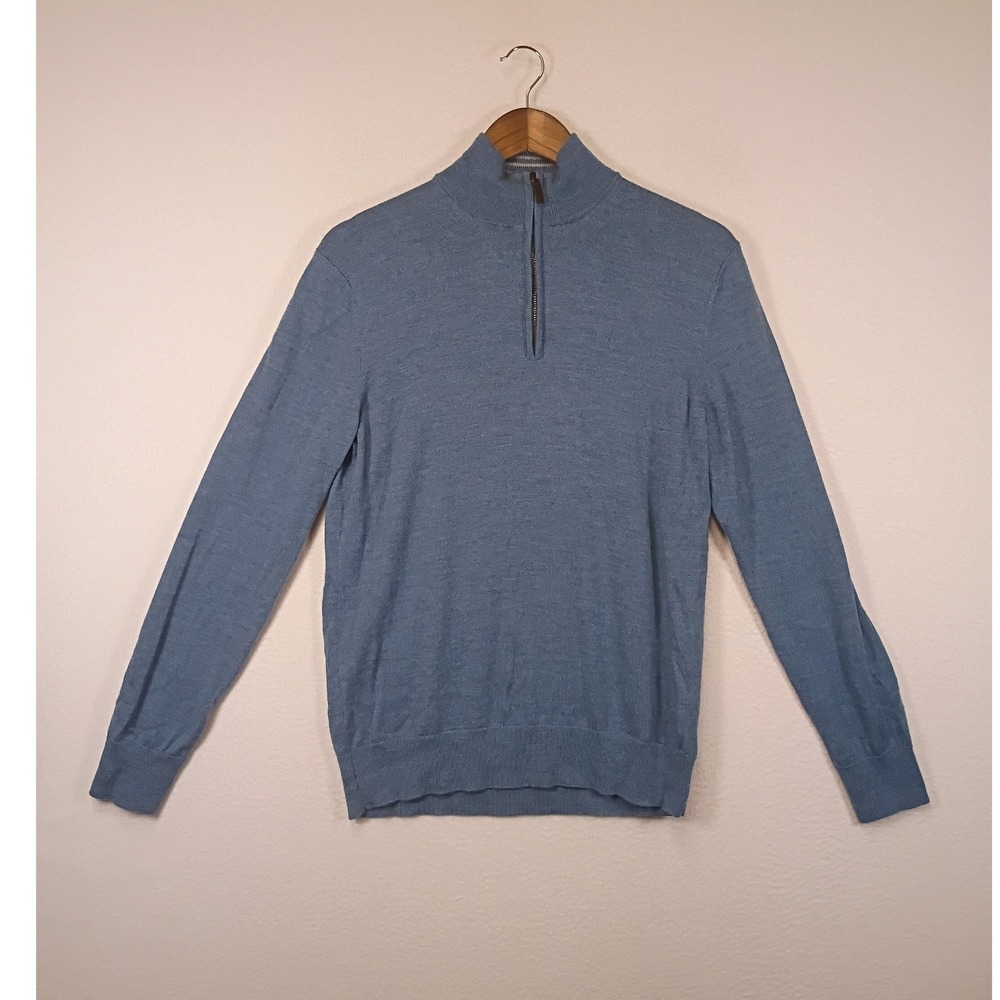 Quiet Luxury UNTUCKit Mens Medium Blue 100% Extra Fine Merino Wool Quarter Zip